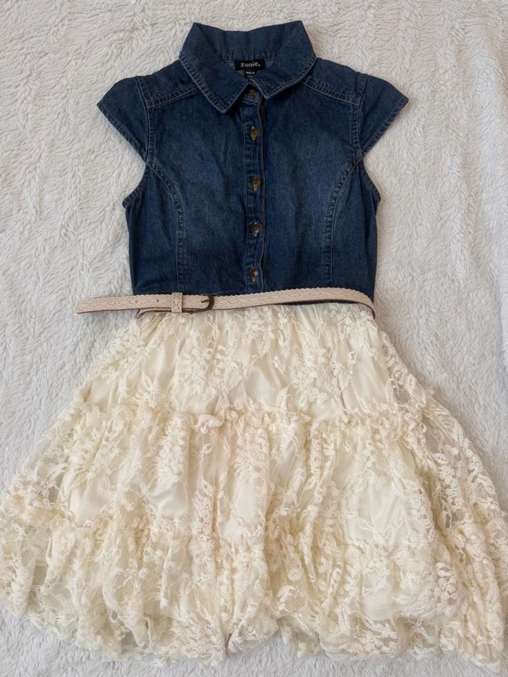 Zunie Girls denim bodice dress with a Cream lace skirt belted Size 8